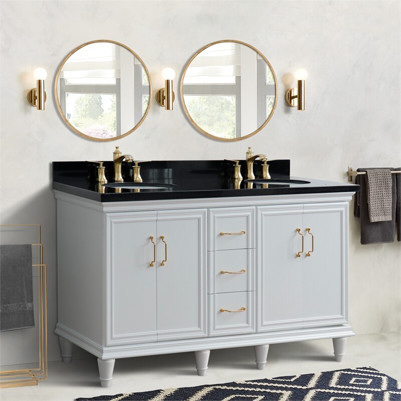 61 in. Double Wooden Vanity White Black Galaxy Granite Oval Sink