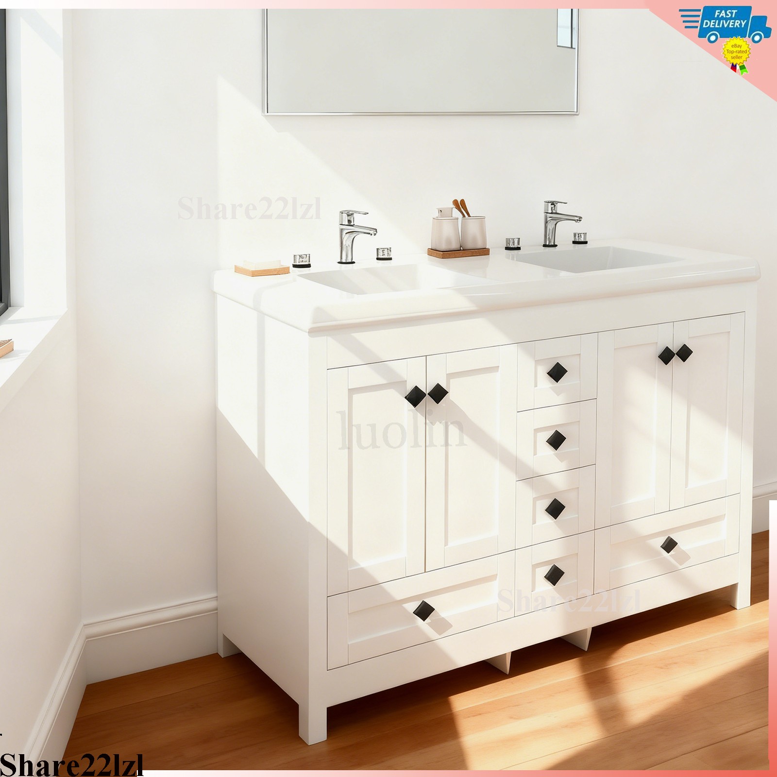 47″ Bathroom Vanity Double Sink Ceramic Freestanding Cabinet 5 Drawers,White