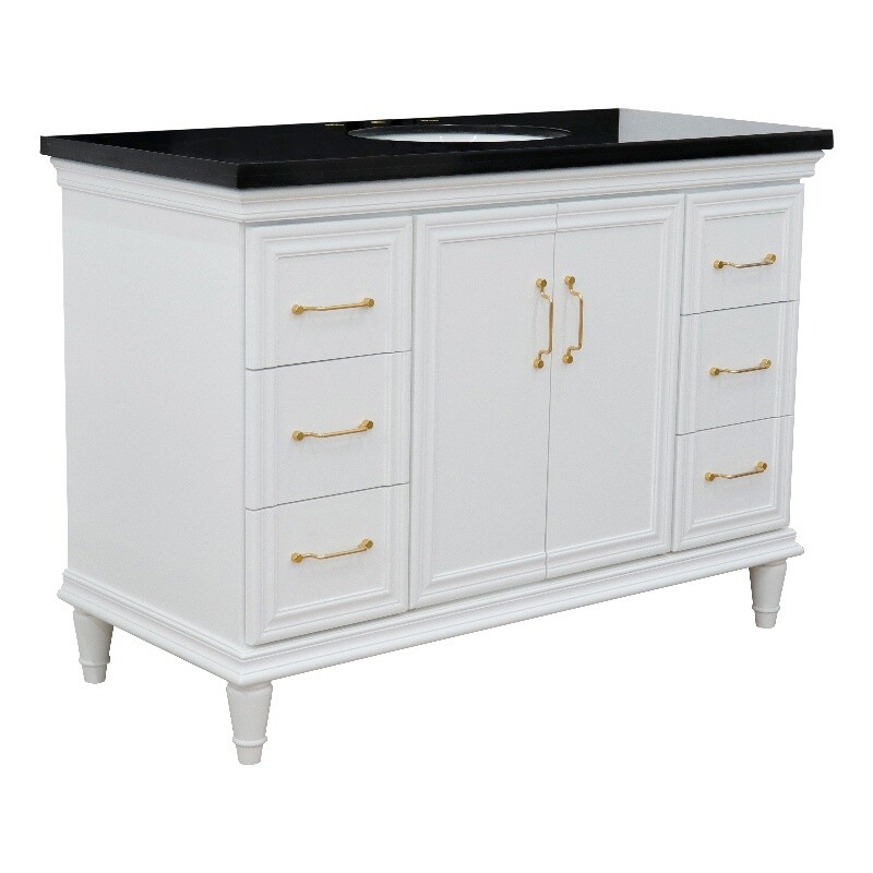 49 in. Single Wooden Vanity White with Black Galaxy Granite Oval Sink