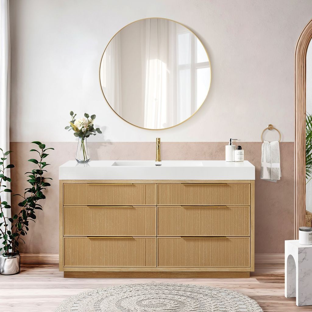 Hohhot 60″ Single Bath Vanity in Washed Ash Grey with White Stone Top
