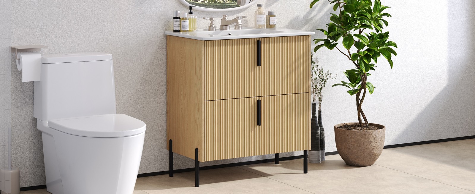 30″ Bathroom Vanity with Ceramic Sink, Soft Close Drawers, Fluted