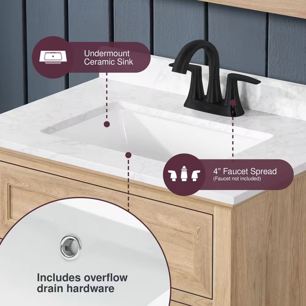 Doveton 30 In. Single Sink Freestanding Weathered Tan Bath Vanity with White Eng