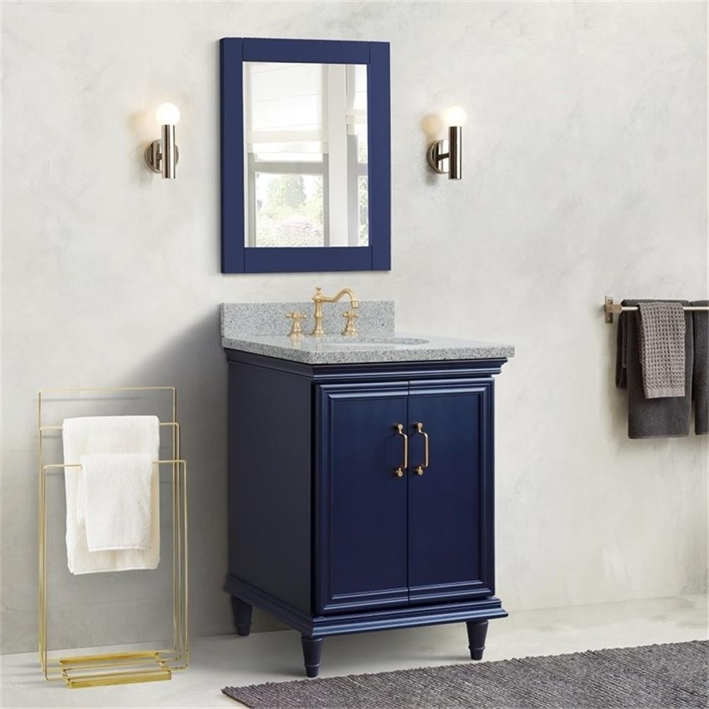 25 in. Single Wooden Vanity Blue with Gray Granite Oval Sink