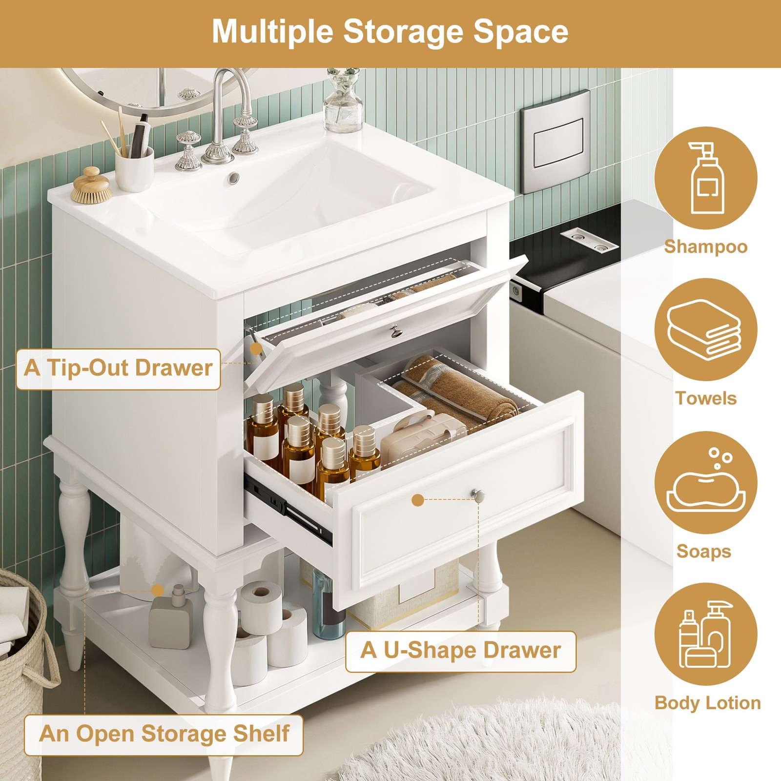 FUNIDEE 24″ Bathroom Vanity with Ceramic Sink Storage Cabinet with 2 Drawers