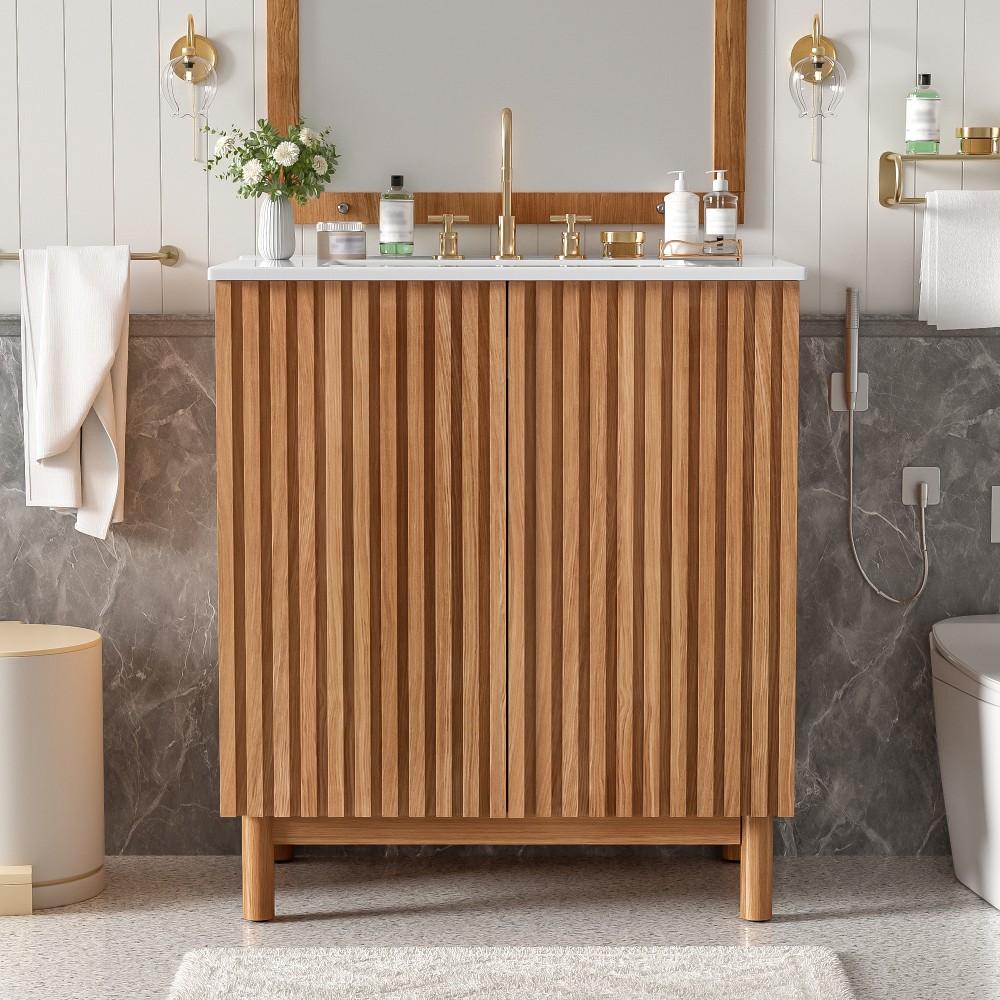 29.9-inch Traditional Bathroom Vanity with Ceramic Sink, Solid Wood Legs