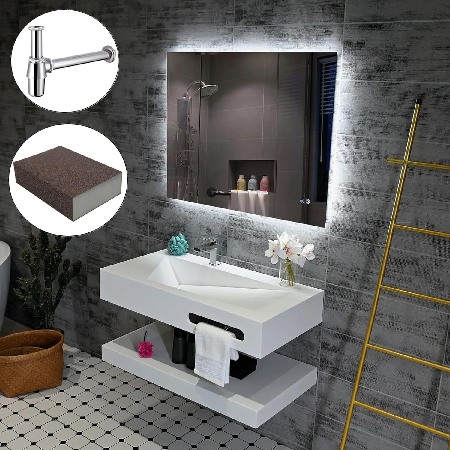 36″X19″ Wall Mount Bathroom Vanity with Sink Stone Resin Floating Vanity Sink Re