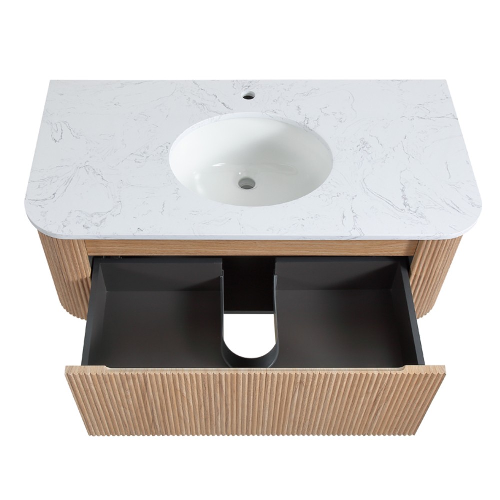 42″ Bathroom Vanity Wall Mount w/ Marble Top, Ceramic Sink, Soft Close Drawer