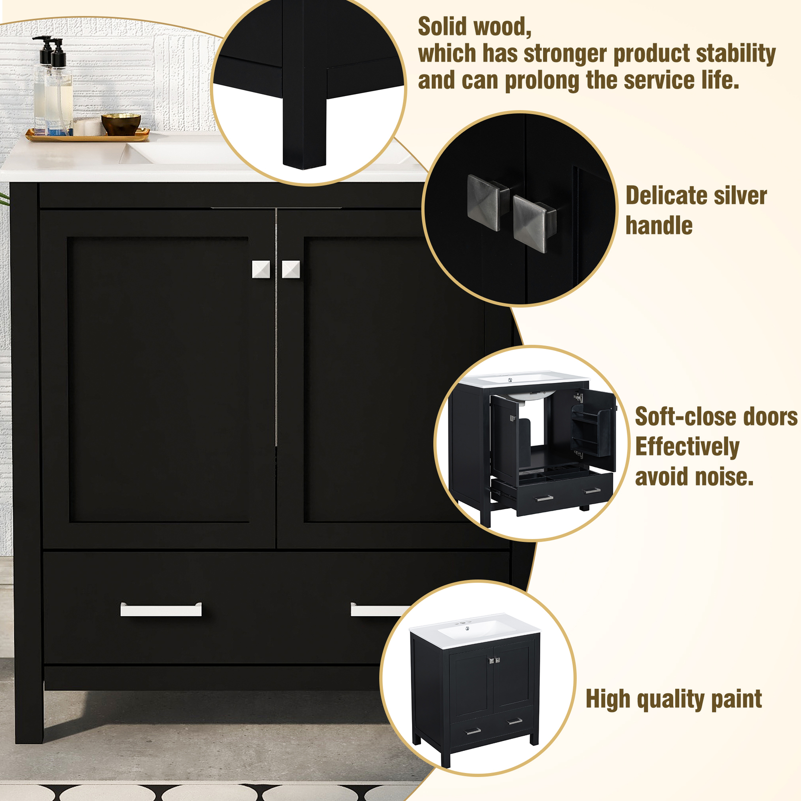 30″ Bathroom Vanity w/White Resin Basin Sink Top with 2 Doors and Big Drawer