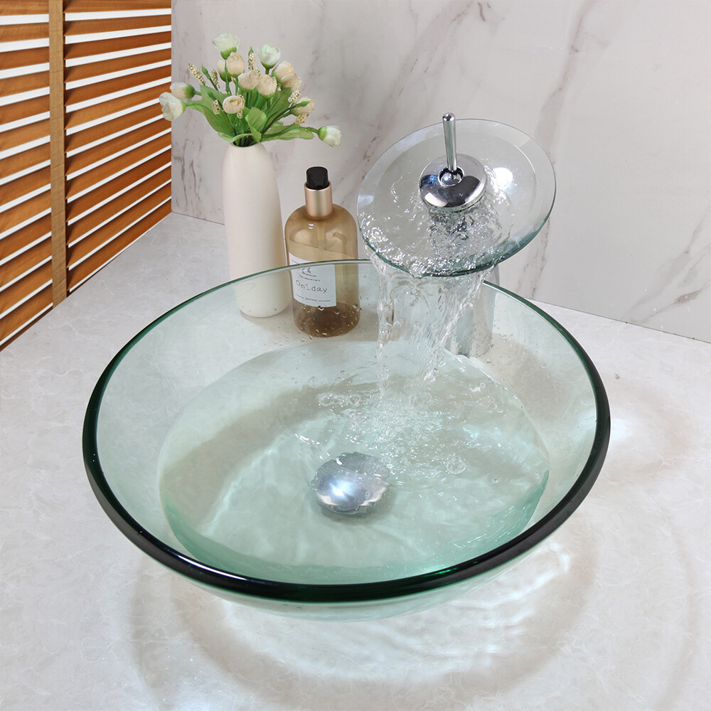 Bathroom Clear Vessel Sink Faucet Basin Vanity Bowl Glass Combo Round Tempered