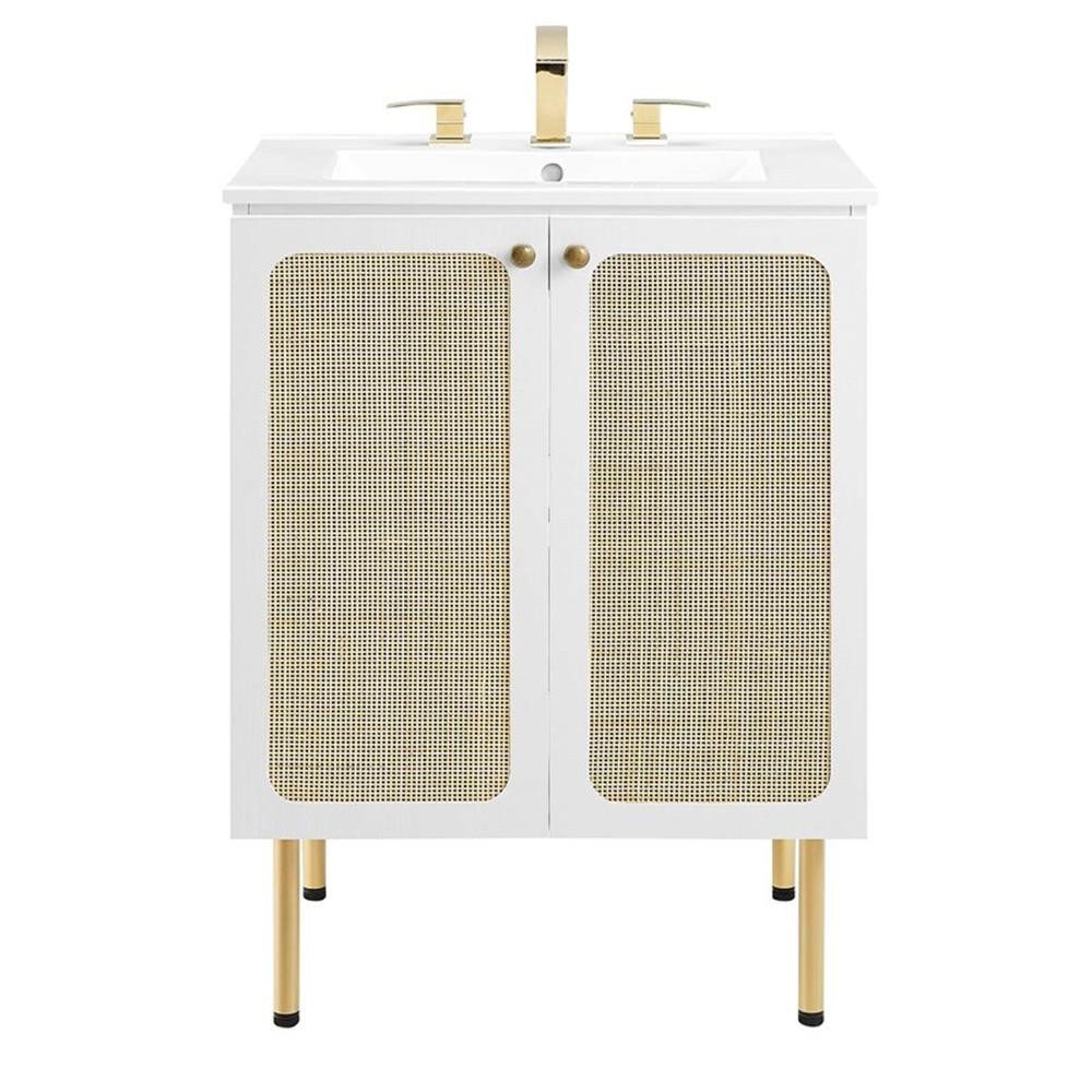 Modway Chaucer 24″ Wood & Rattan Bathroom Vanity with Adjustable Shelf in White
