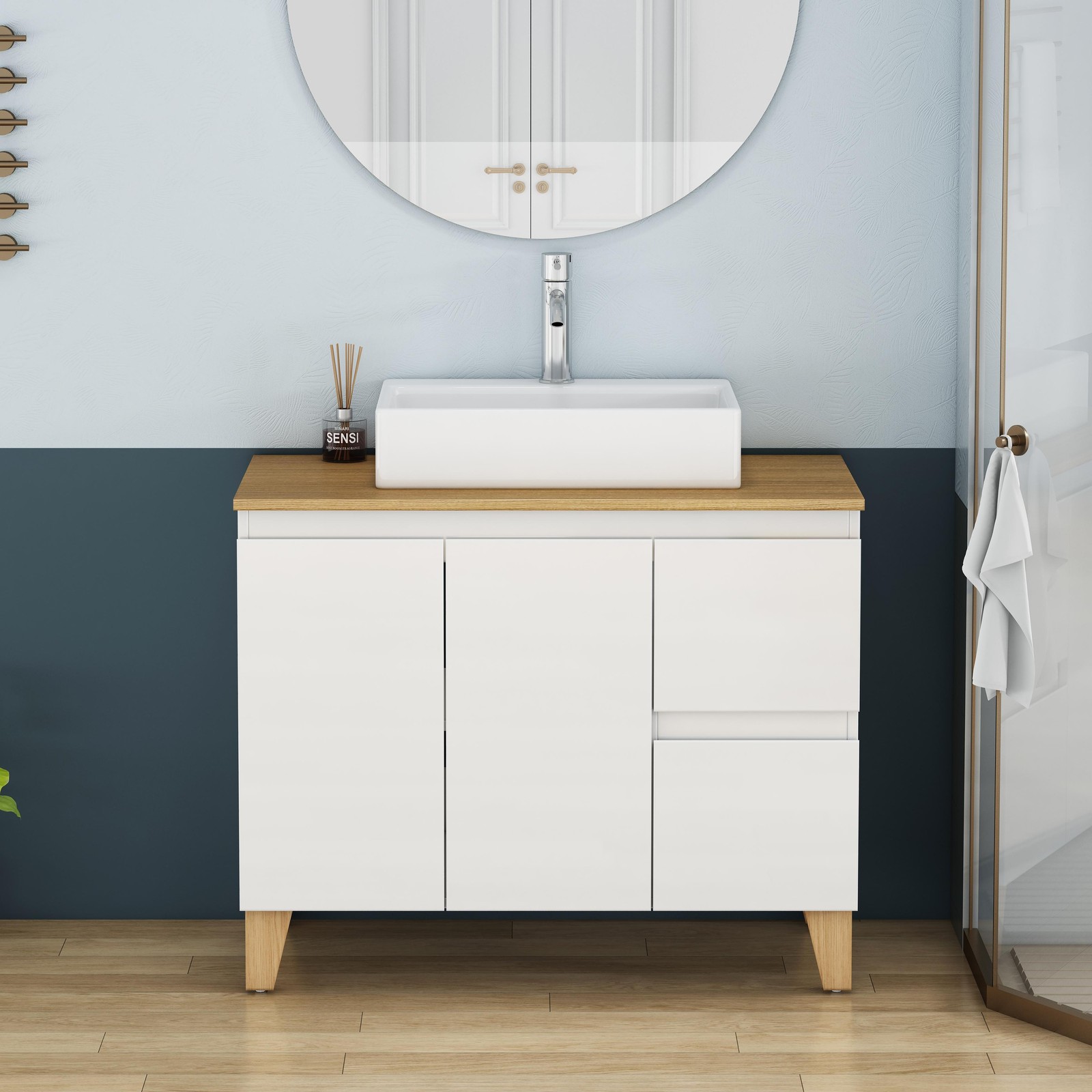 36 Inch Bathroom Vanity with Sink Combo, Glossy White, Solid Wood Top