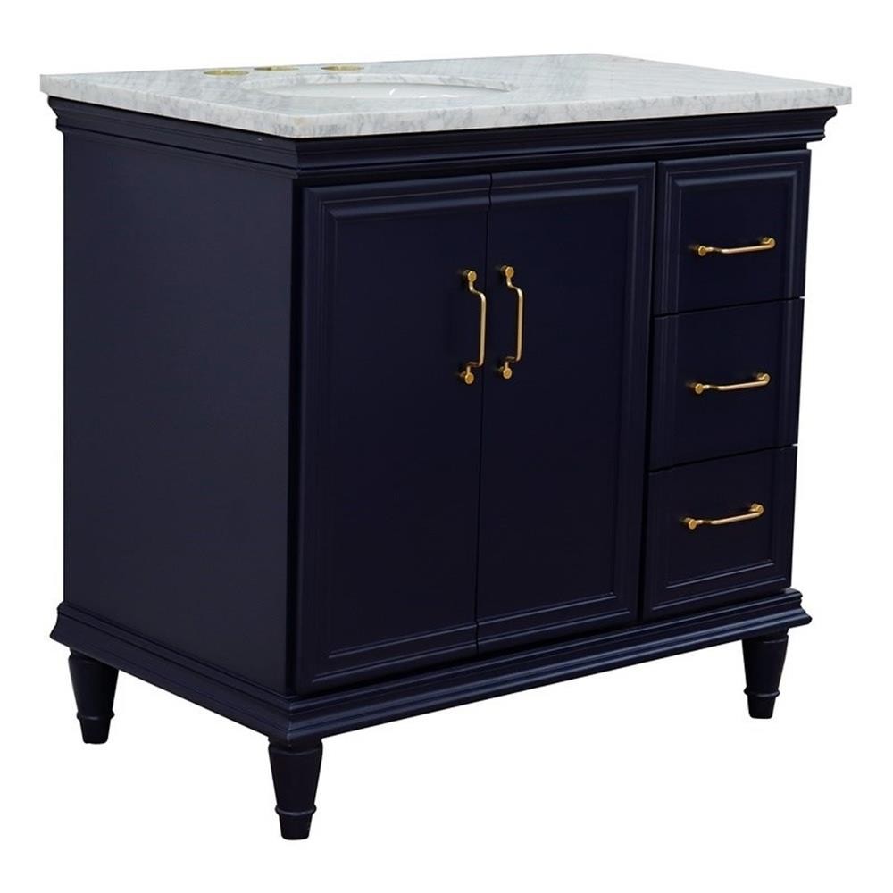 37 in. Single Wooden Vanity Blue White Carrara Oval Left Door.Left Sink