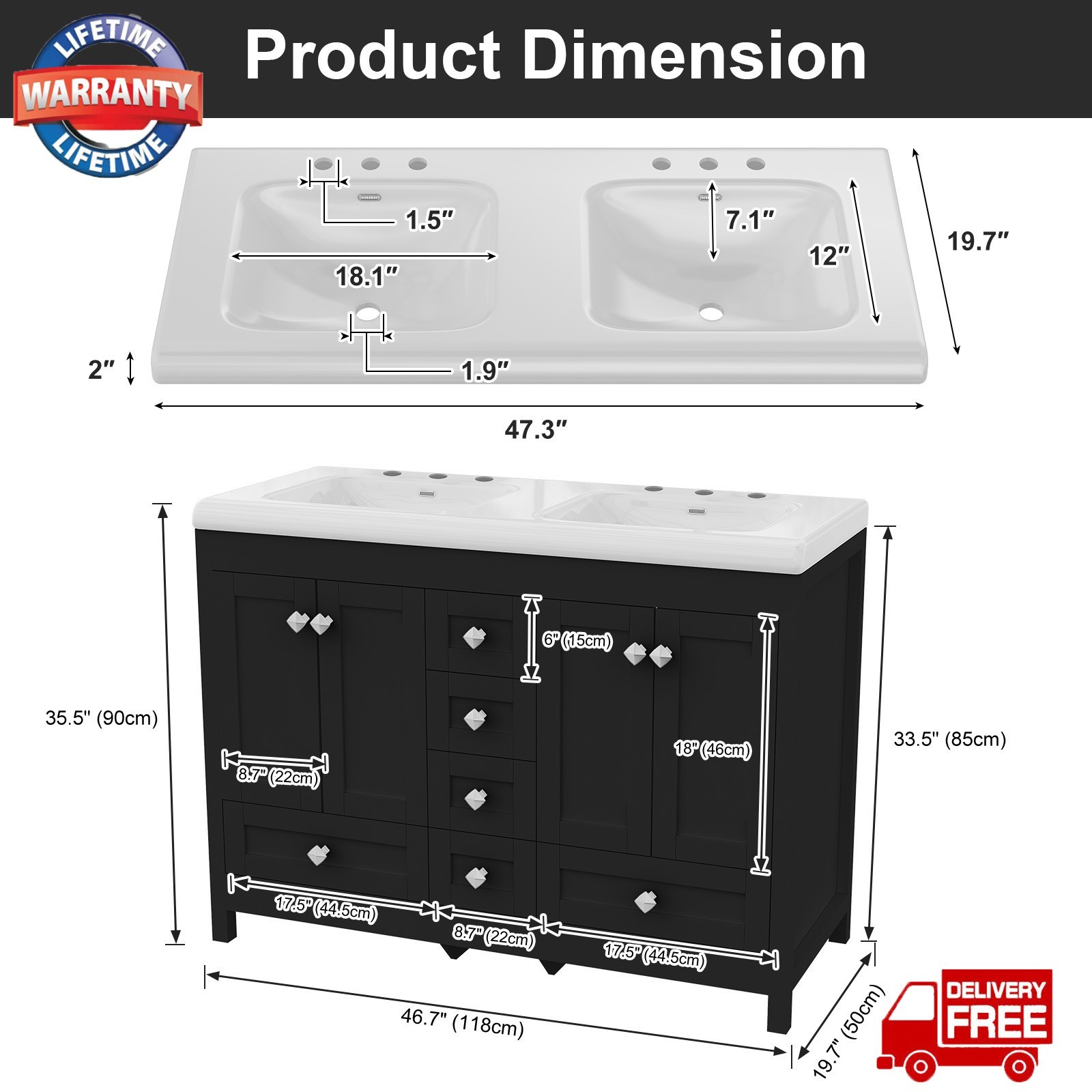 47″ Bathroom Vanity Cabinet with Double Sink Ceramic and 5 Drawers Freestanding