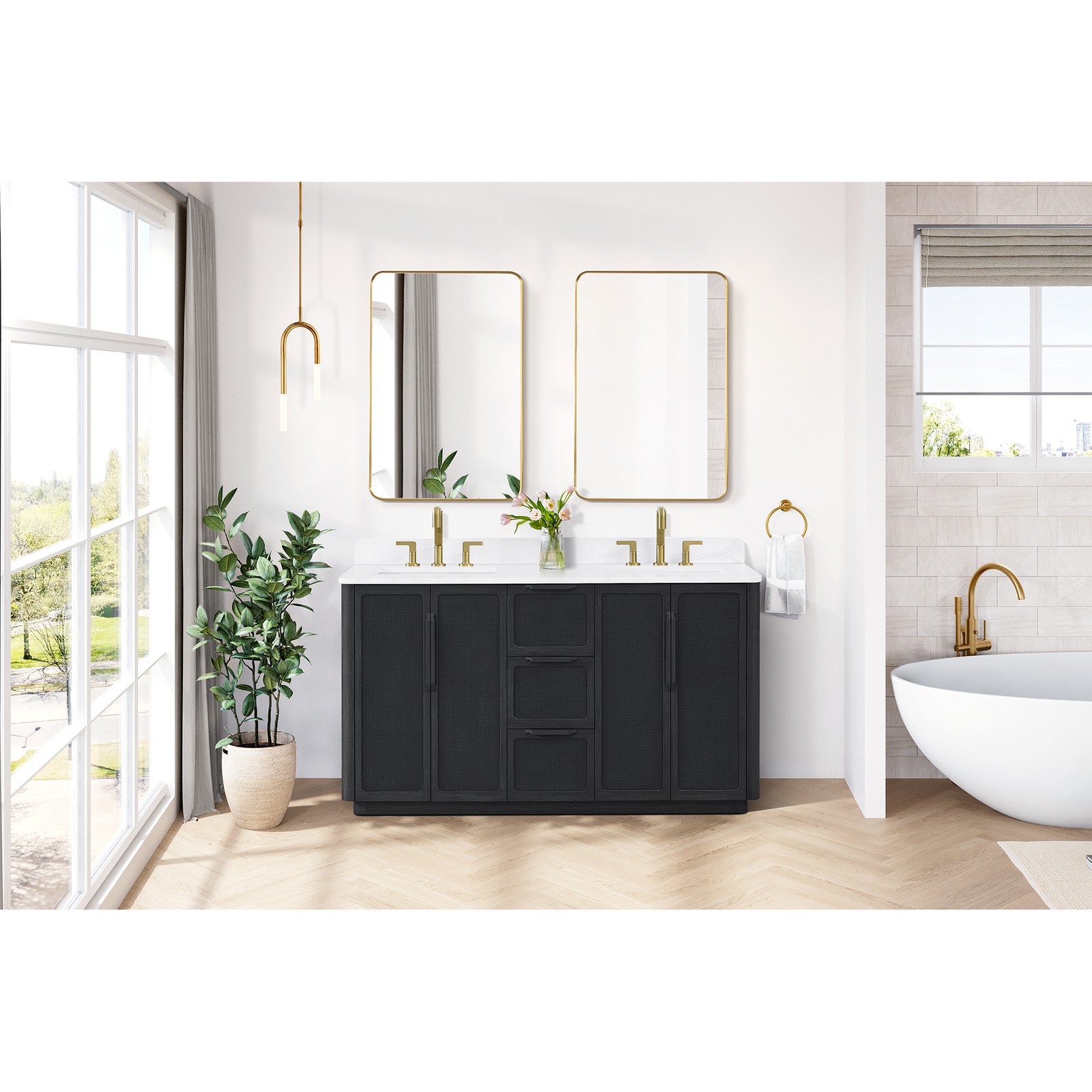 Busan 60M” Double Bath Vanity in Oak Classic Black with White Quartz Stone Top