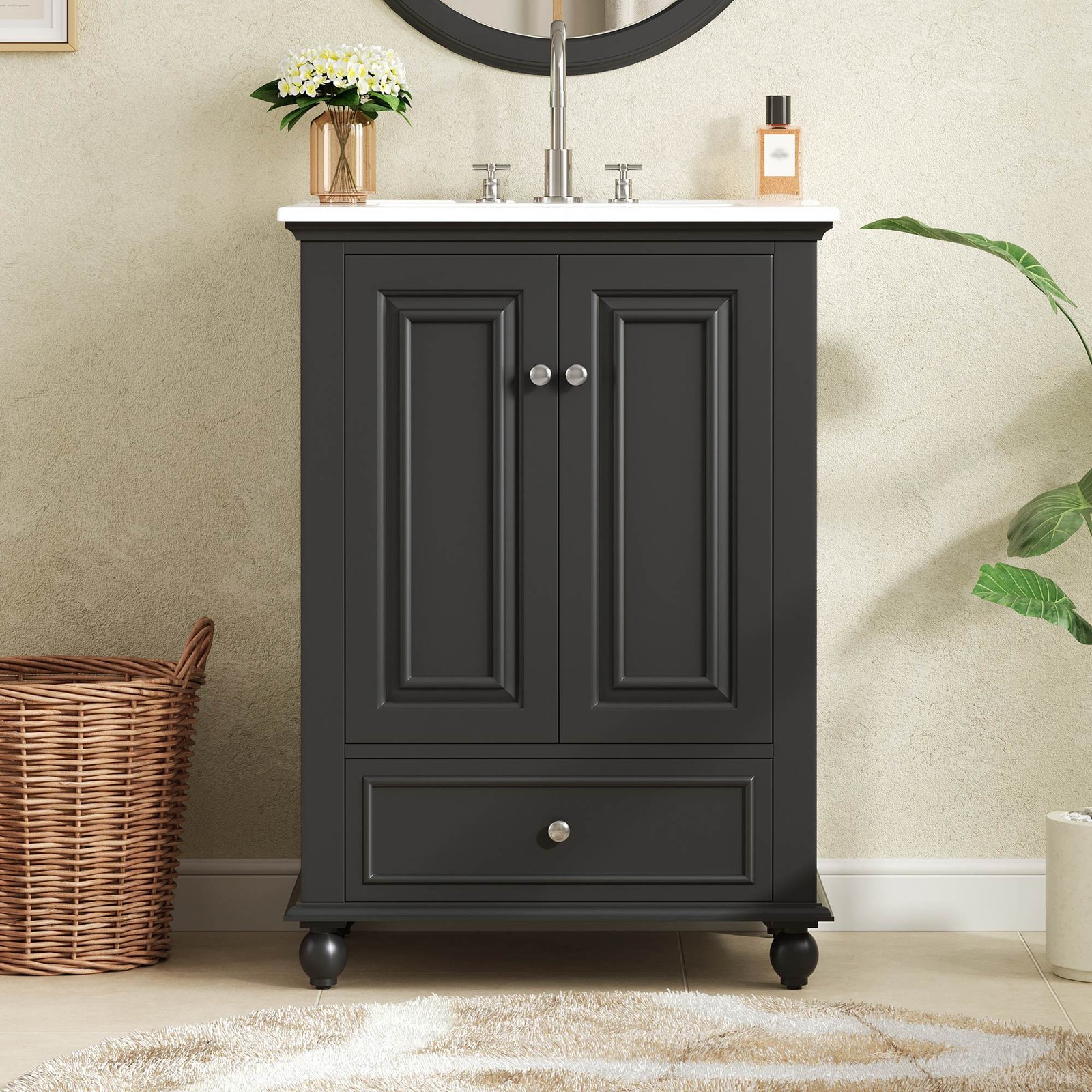 FUNIDEE 24″ Bathroom Vanity Storage Cabinet with Ceramic Sink & Drawer Black