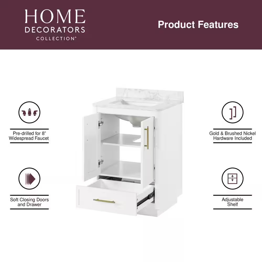 Tamsin 24 In. Single Sink Freestanding White Bath Vanity with White round Corner