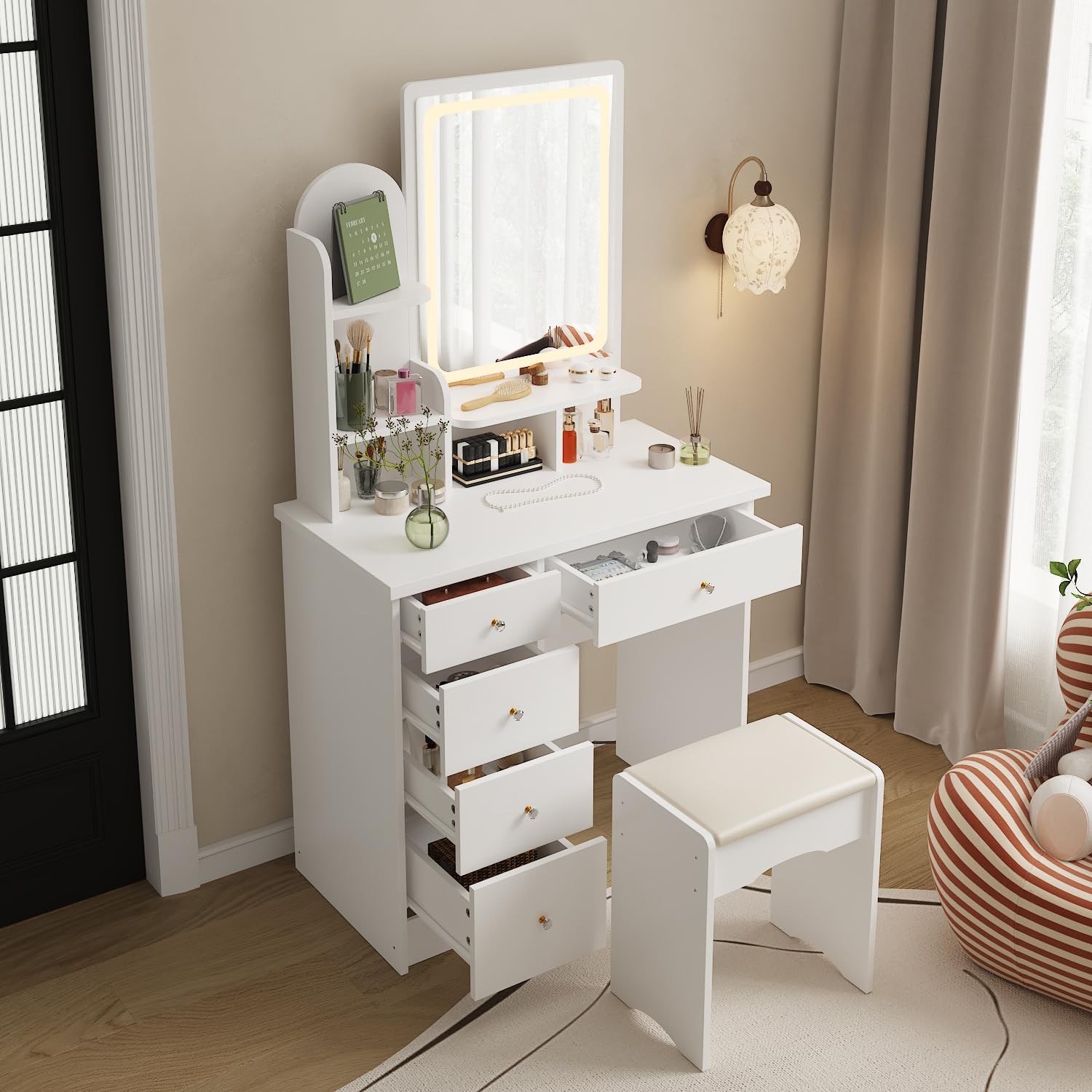 Vanity Set with LED Mirror Dressing Table 5 Drawers Shelves Makeup