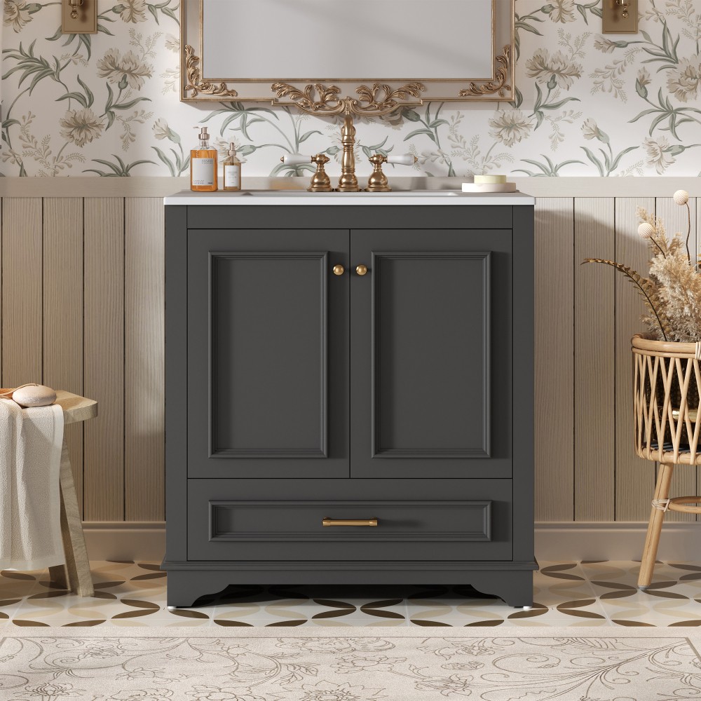 30″ Solid Wood Bathroom Vanity w/Ceramic Sink,2 Soft Close Doors,Storage Cabinet