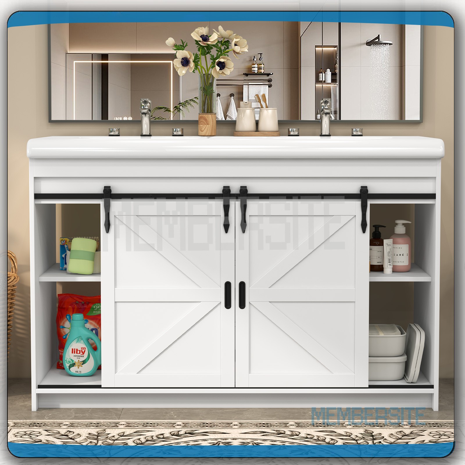 Bathroom Vanity Cabinet w/2 Ceramic Sink Combo 2 Sliding Door 47.3″ Vanity White