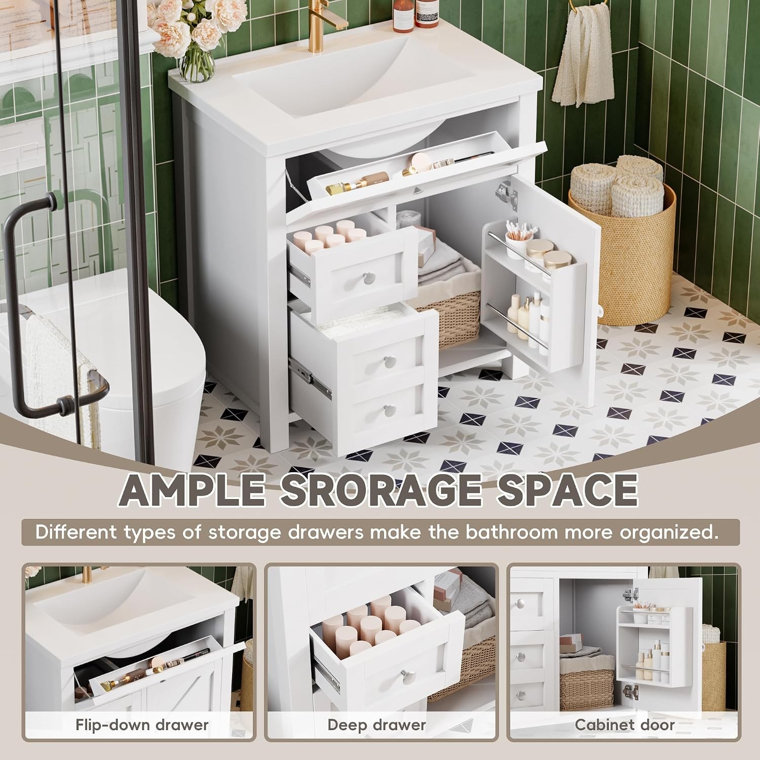 Bathroom Vanity with 30″ Sink Modern Wood Pedestal Bathroom Spacious Storage