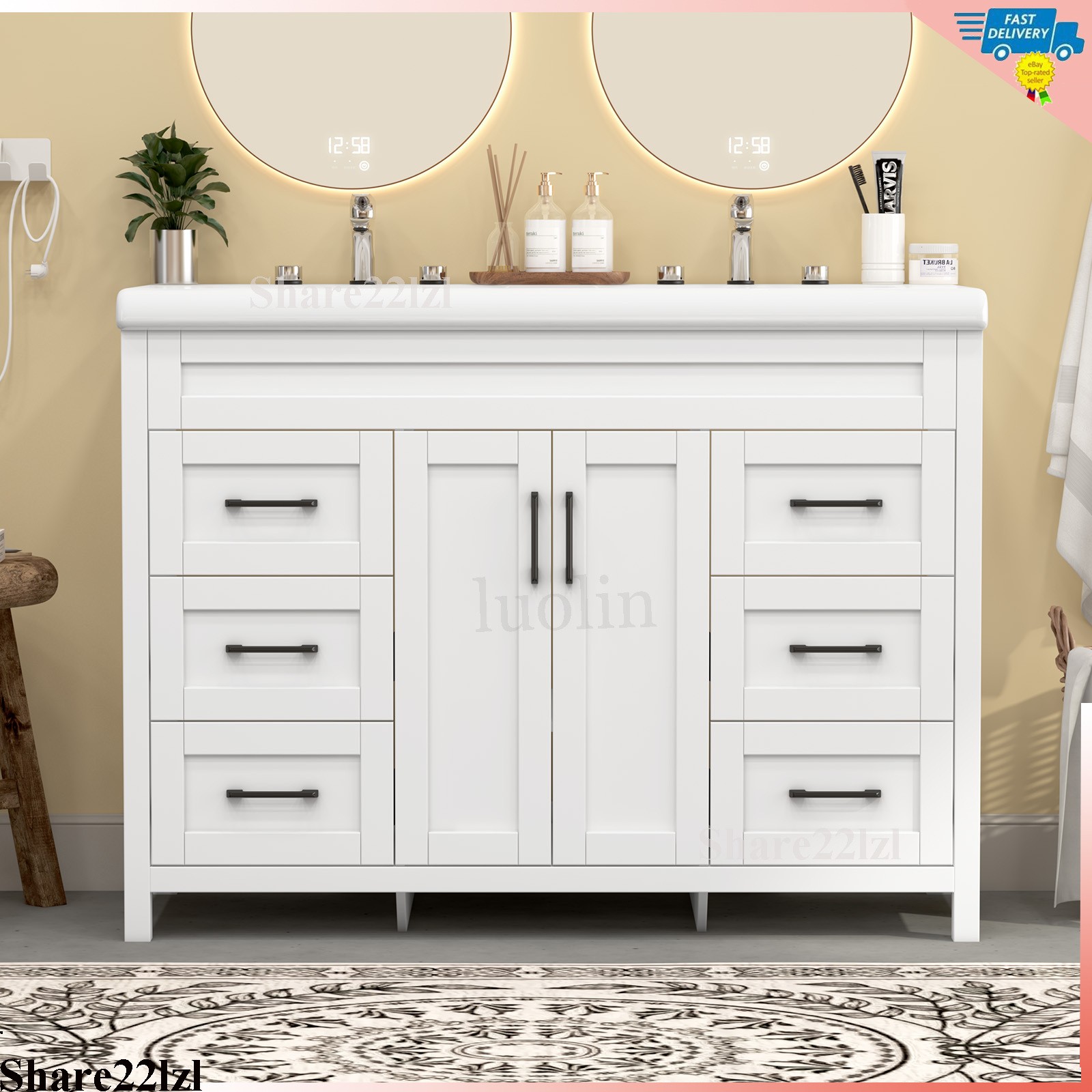 47″ Bathroom Vanity Set with Double Ceramic Sinks Artificial Marble Countertop