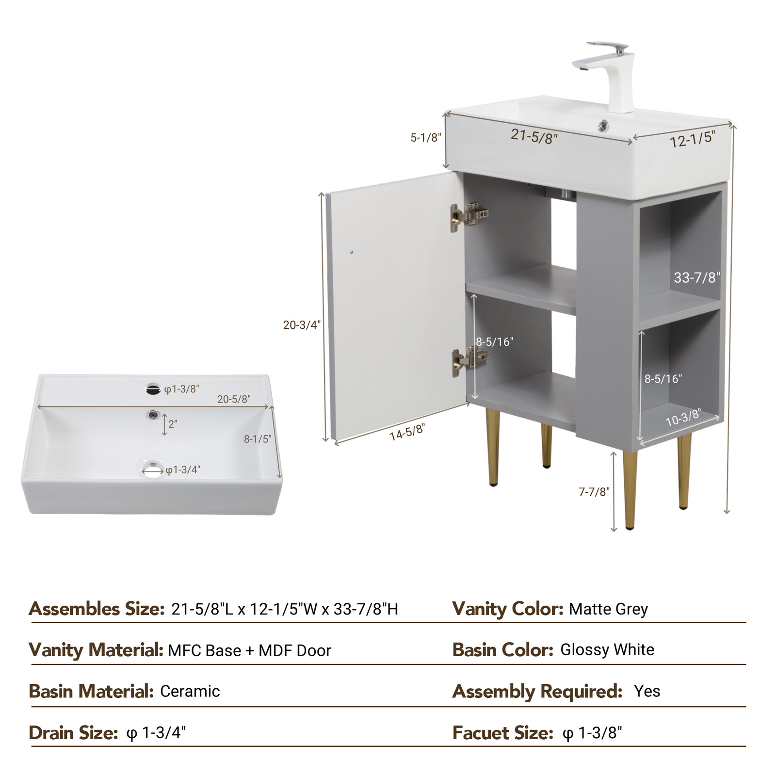 21.6″ Open-Shelving Vanity with Ceramic Sink and Soft-Close Door Grey