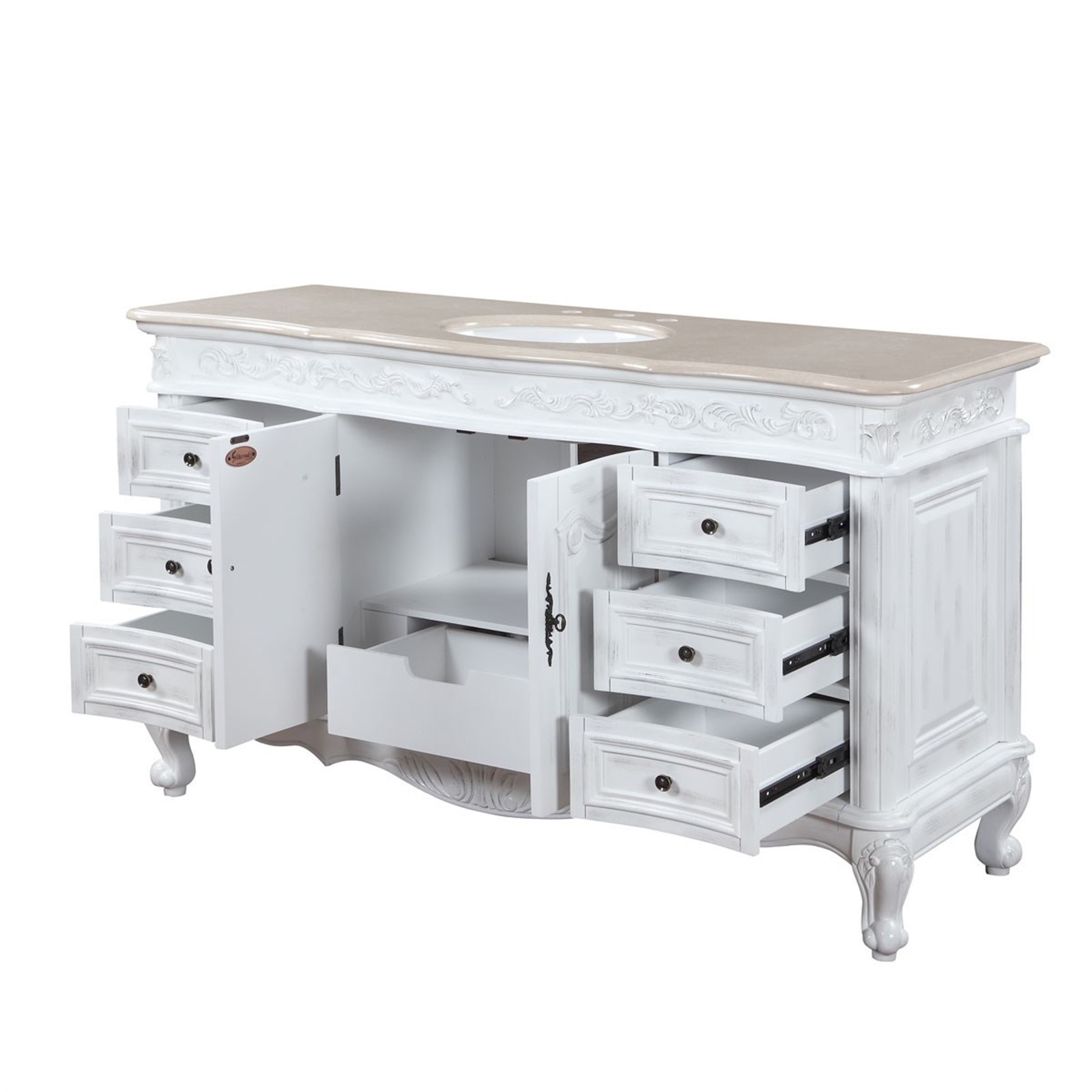 60″ Marble Counter Single Sink Bathroom Vanity White Oak Finish Cabinet 273CM
