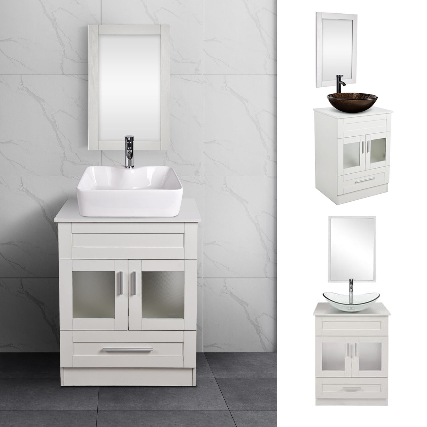 24” Bathroom Vanity Stand Pedestal Cabinet Drawer Shelves Sink Faucet Drain Set