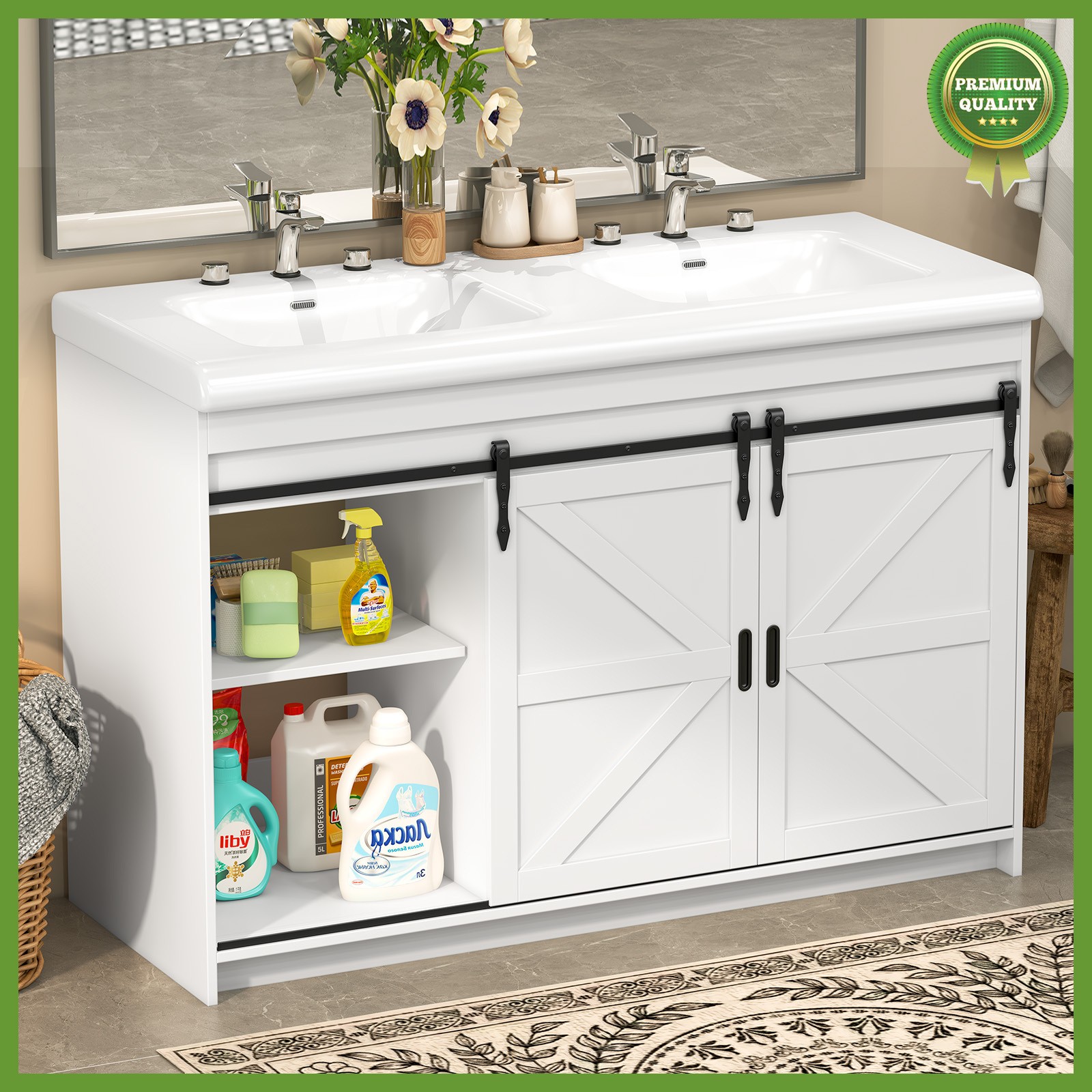 47” Bathroom Vanity w/ 2 Basin Sink Bathroom Cabinet with 3 Drawers Storage Set