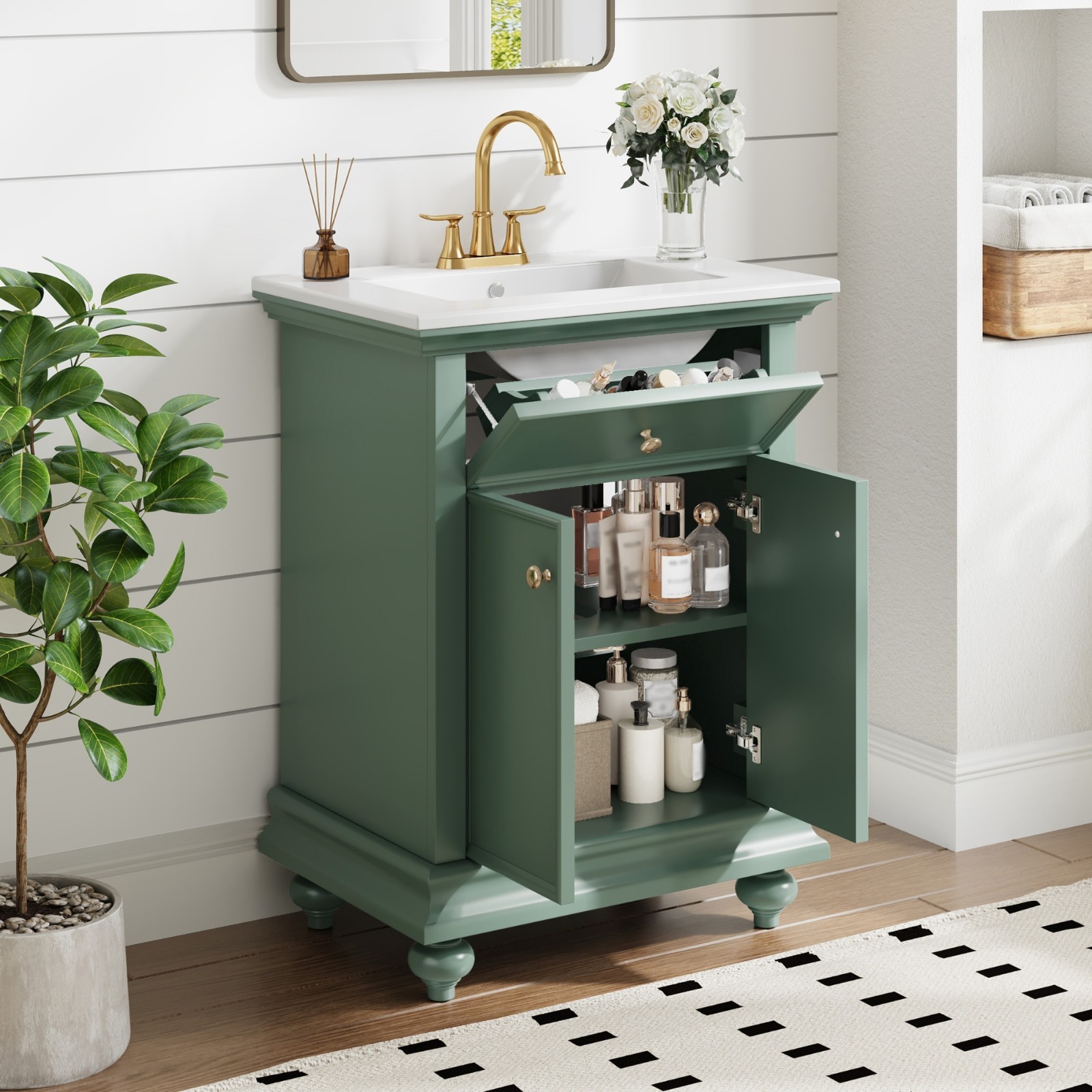 24″ Bathroom Vanity Storage Cabinet With Ceramic Sink Drawer Soft-Closing Doors