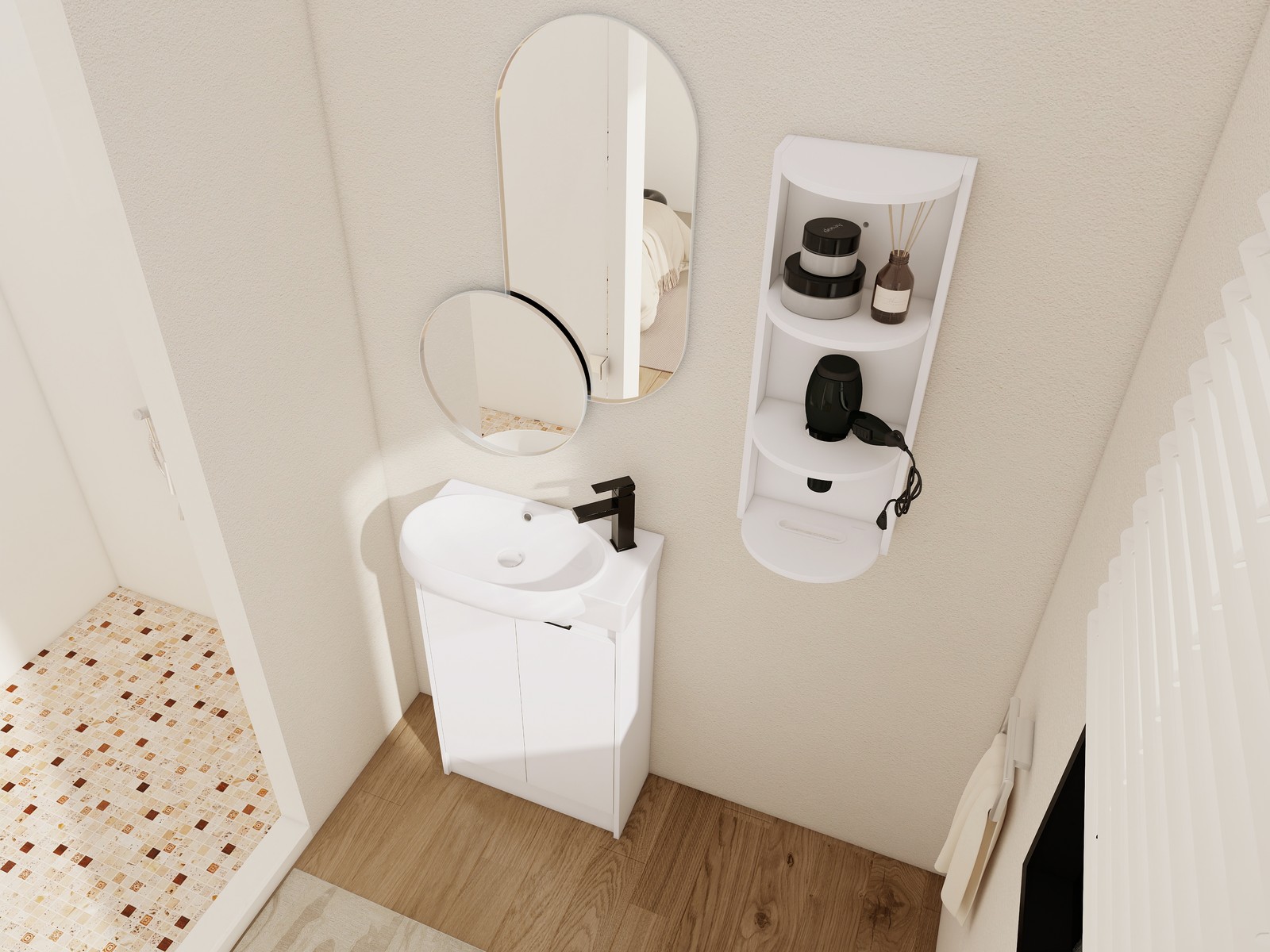 23″ Plywood Freestanding Bathroom Vanity Ceramic Sink Basin +Storage Rack White