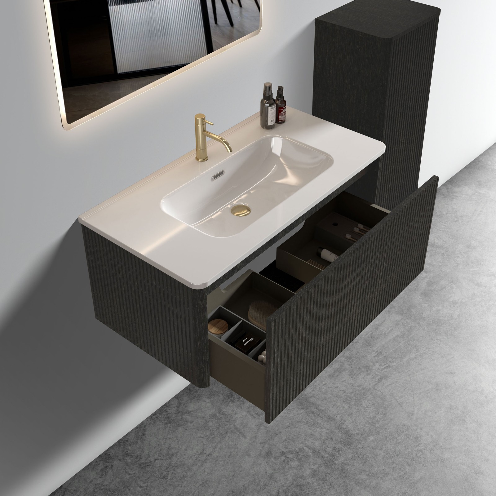 Etna 36″ Brushed Black Oak Floating Bathroom Vanity with White Ceramic Sink
