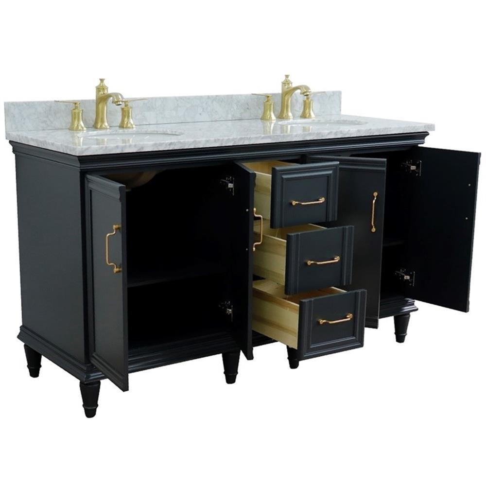 61 in. Double Wooden Vanity Dark Gray White Carrara Marble Oval Sink