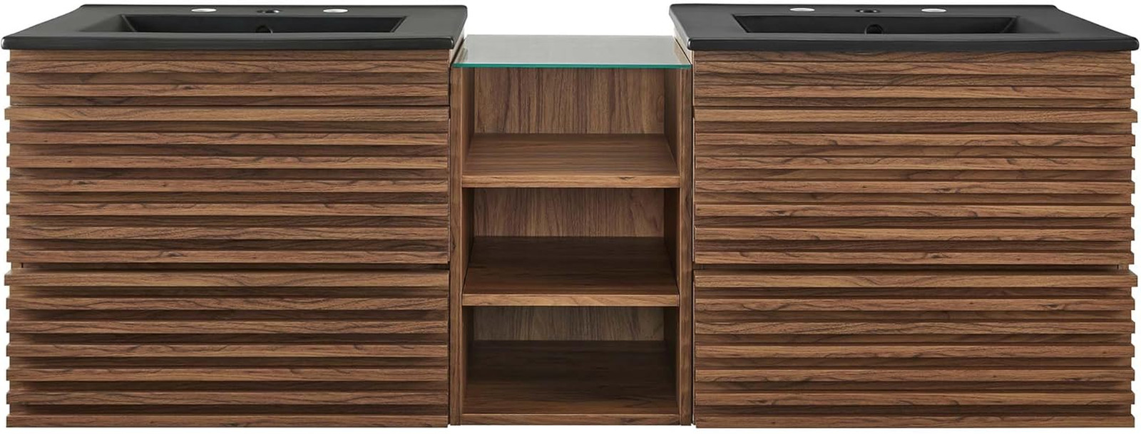 62″ Mid-Century Modern Floating Bathroom Vanity with Double Sink in Walnut Black