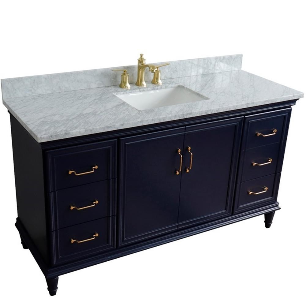 61 in. Single Wooden Vanity Blue White Carrara Marble Rectangle Sink