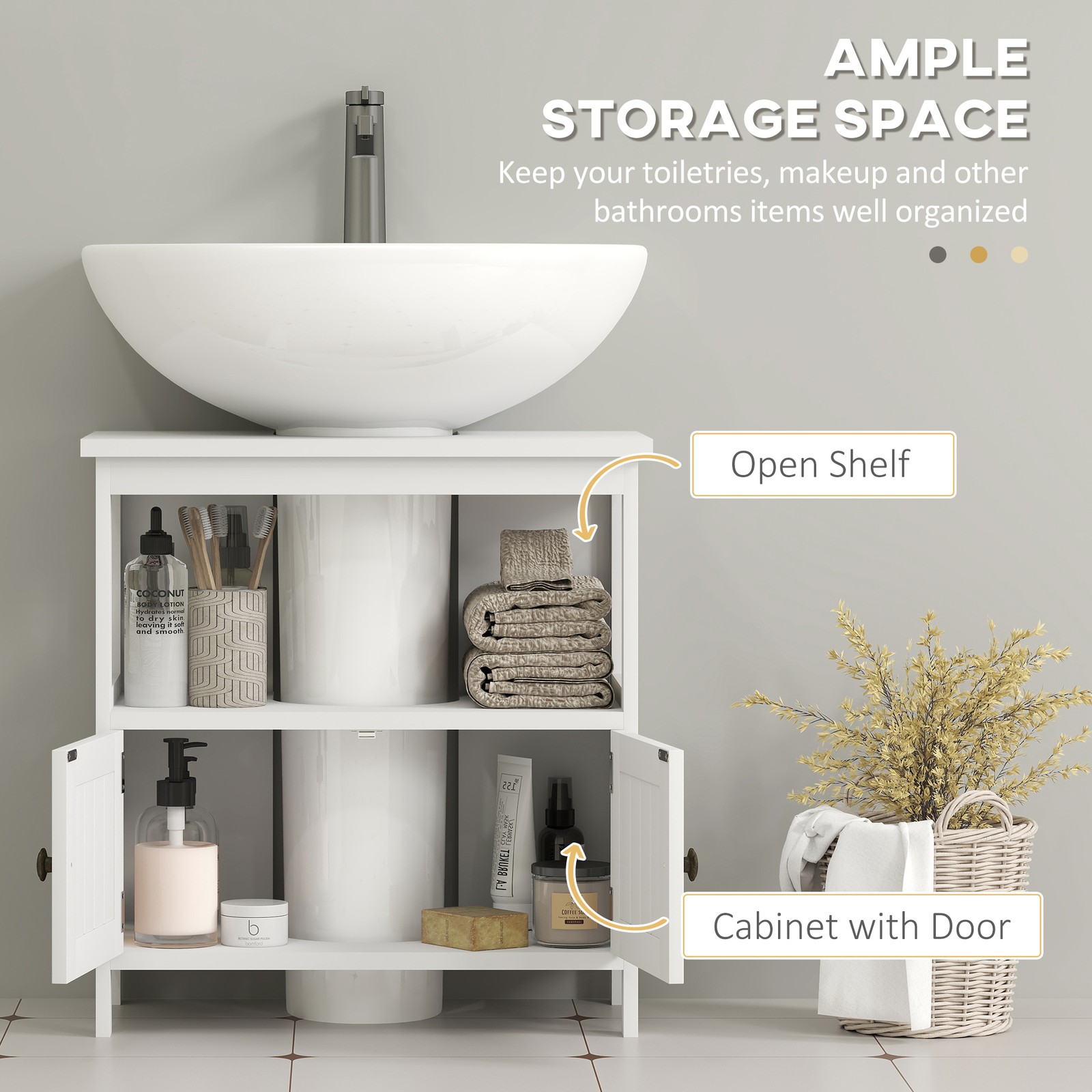 Pedestal Under Sink Cabinet w/ Doors, Storage Organizer, White, Used