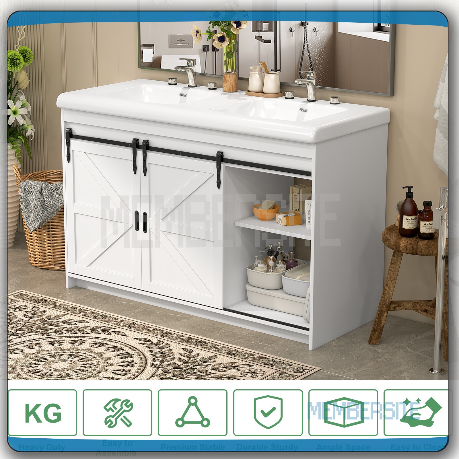 Bathroom Vanity Cabinet w/2 Ceramic Sink Combo 2 Sliding Door 47.3″ Vanity White