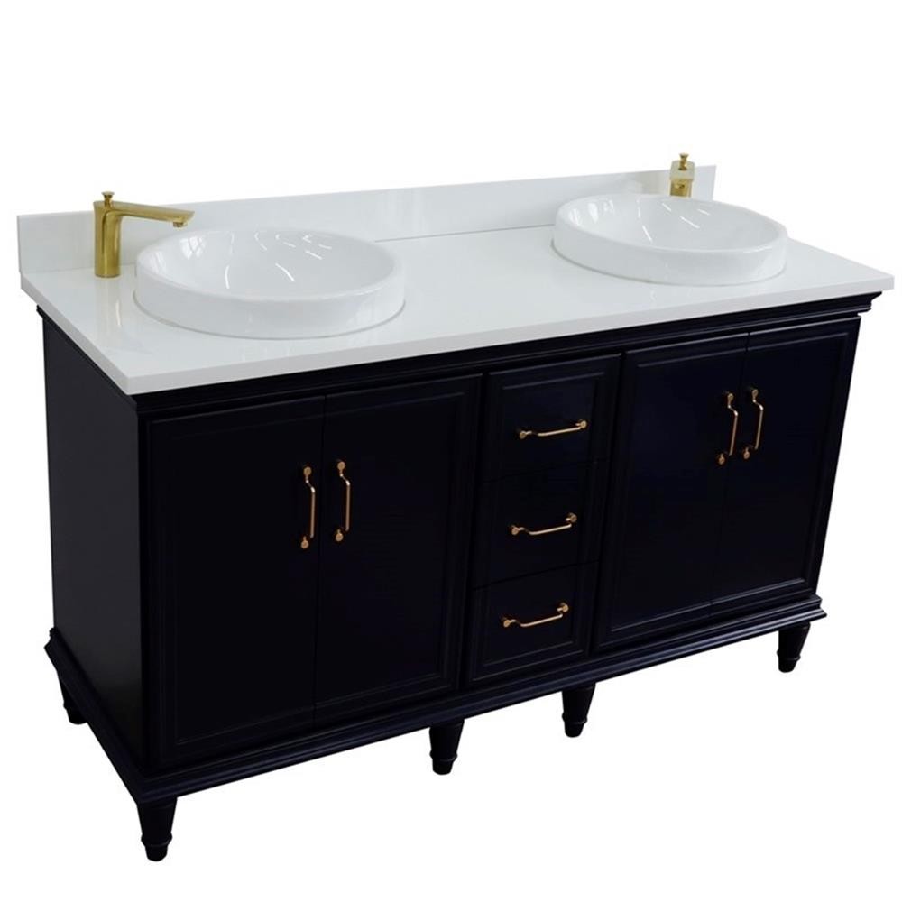 61 in. Double Wooden Vanity Blue White Quartz Round Sink