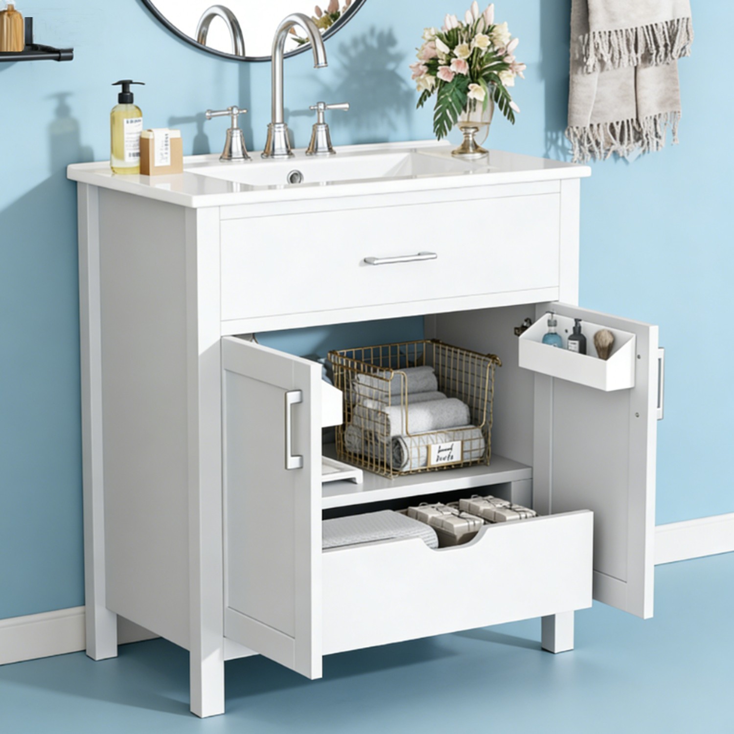 Easy To Clean 30 Inches Bathroom Vanity White Comfortable Vanity For Bathroom