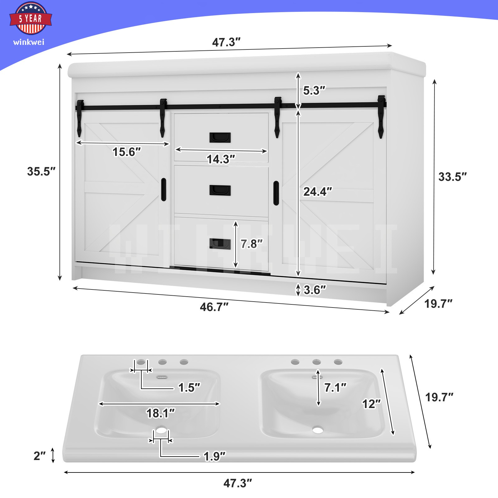 47.3″ Bathroom Vanity w/2 Ceramic Sink Cabinet w/Sliding Doors ,2 Drawers White
