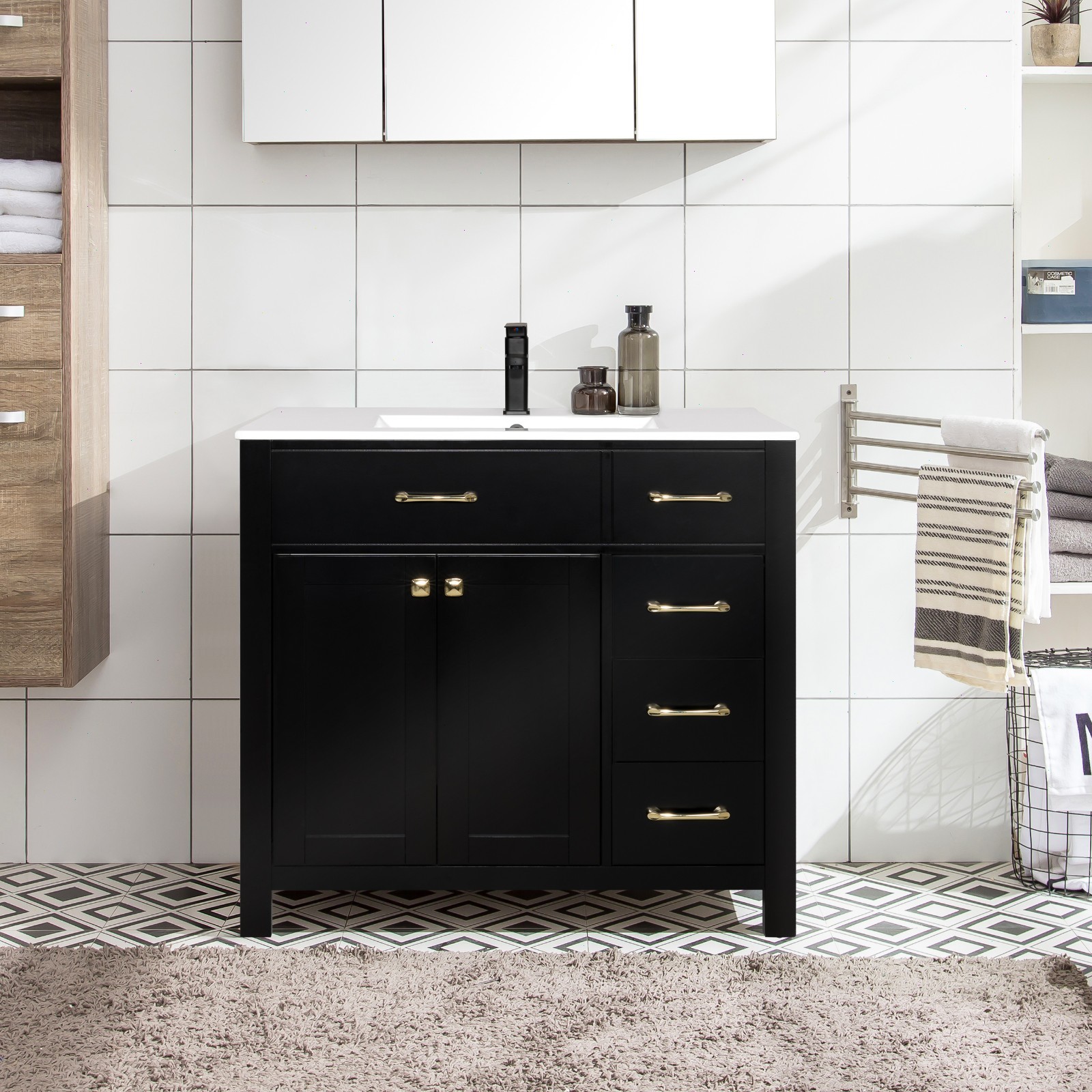 Eclife Bathroom Vanity Cabinet Set with Undermount Ceramic Vessel Sink Combo
