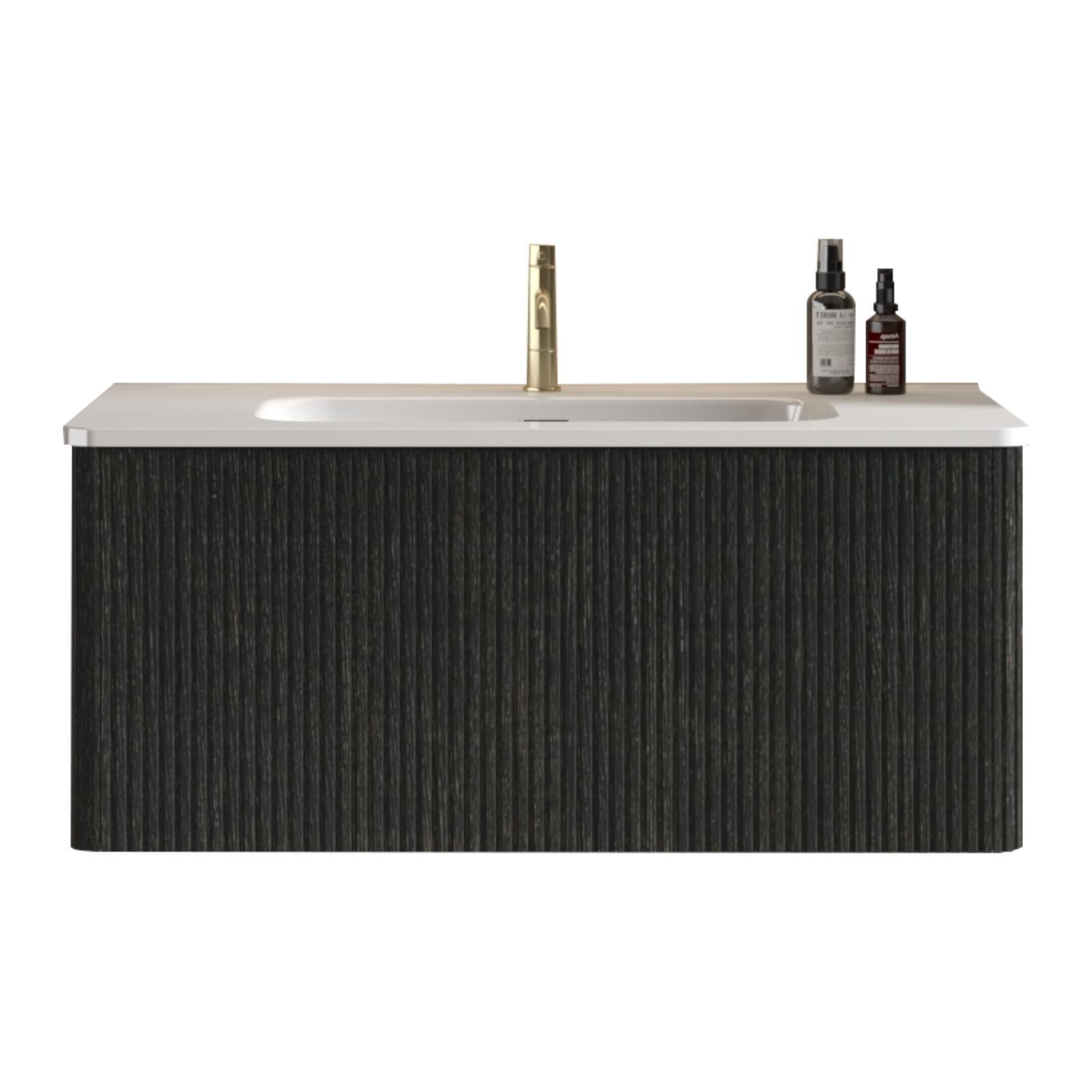Pre-Assembled Floating Bathroom Vanity, 36-Inch Brushed Black Oak with Push