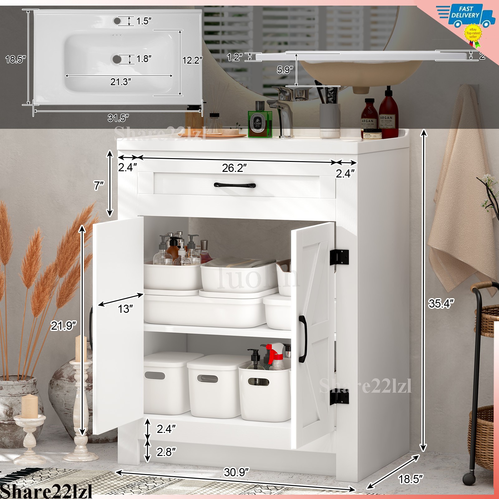31″ Bathroom Vanity Single Cabinet White Freestanding Cabinets Storage WITH Sink
