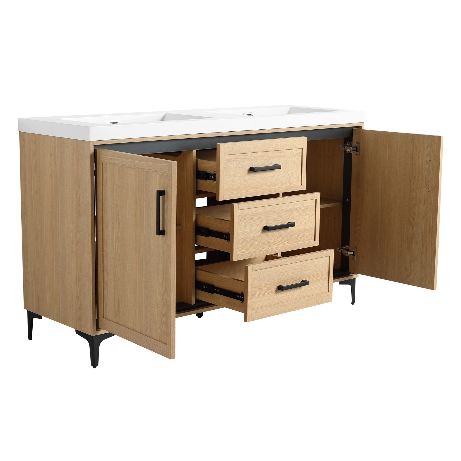 60 in Plywood Bathroom Vanity Freestanding W/Double Resin Sink +2 Doors 3Drawers
