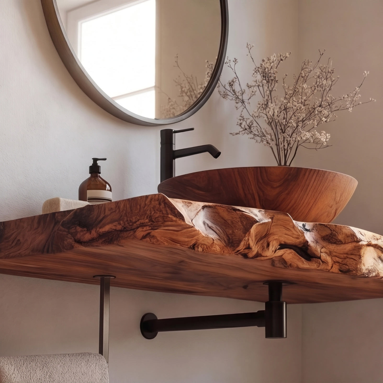 Organic Modern Bathroom Vanity – Natural Edge Solid Wood Slab Sink Console