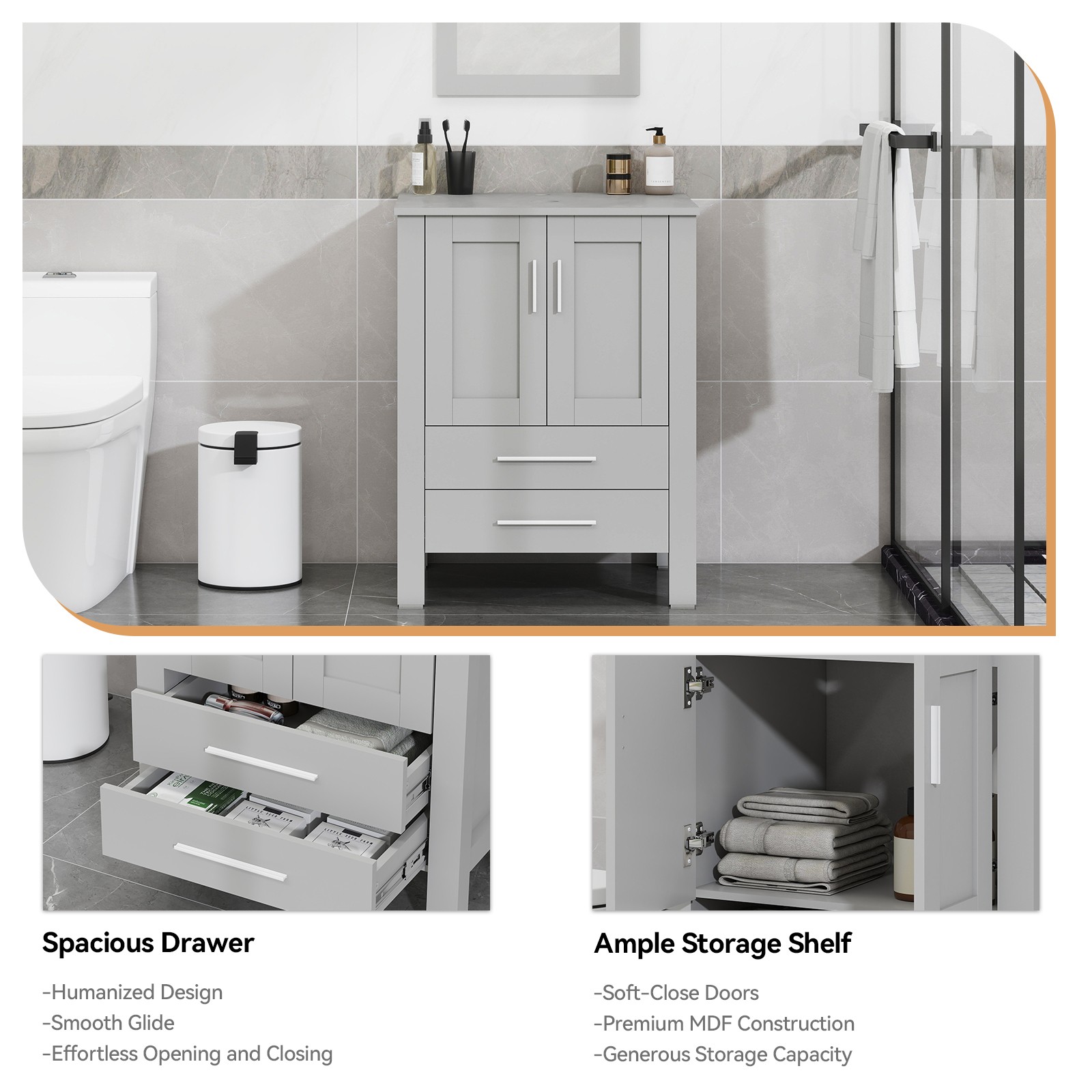Modern 24″ Vanity Set with Black Ceramic Sink | Cabinet + Drawer Storage