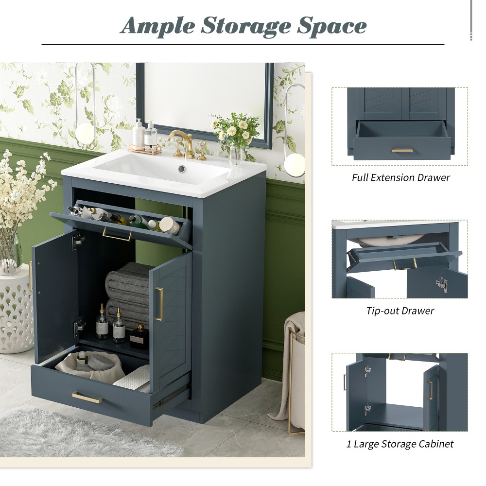 24in Bathroom Vanity Integrated Ceramic Sink 2 Doors 1 Tip-out Drawe