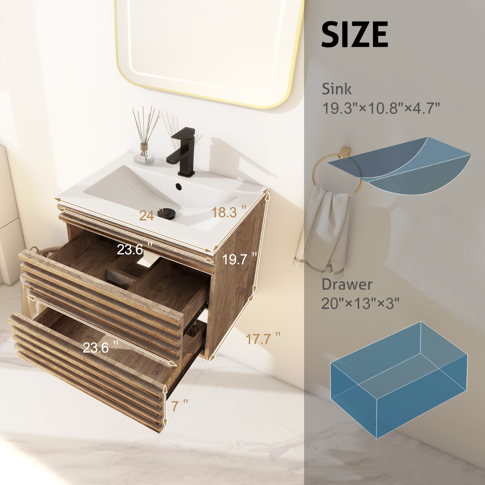Bathroom Vanity Set Wall Mounted W/ Drop in Sink Mid-Century Cabinet Set
