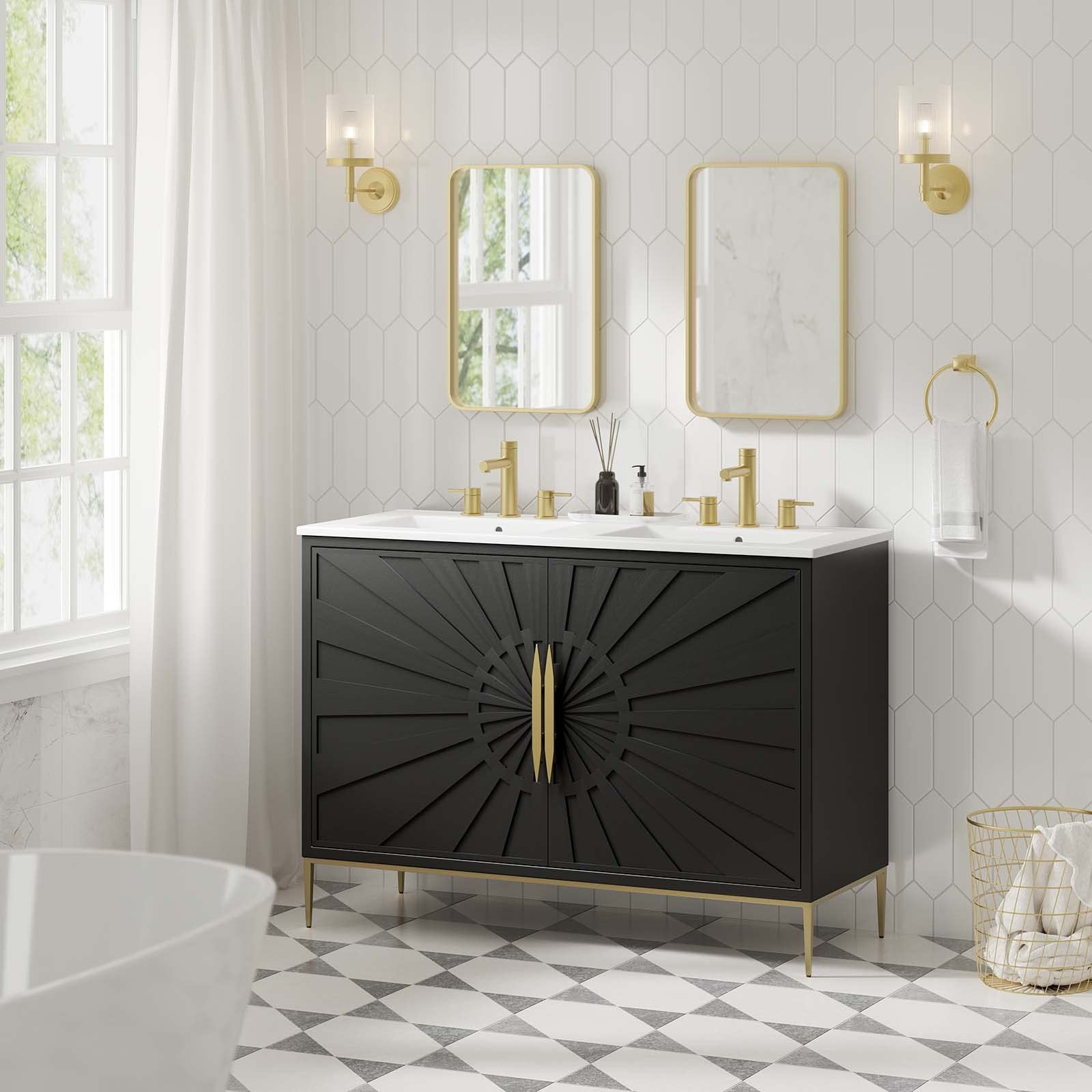 Modway Awaken 48″ Solid Wood and MDF Double Sink Bathroom Vanity in White/Black