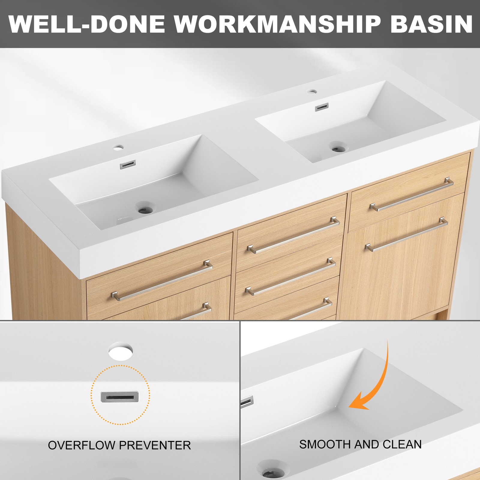 60 in Plywood Bathroom Vanity Freestanding W/Double Resin Sink +2 Doors 6Drawers